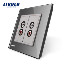 Priza dubla audio Livolo cu rama din sticla, gri