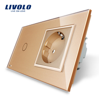 Intrerupator simplu cap scara / cap cruce + priza simpla Livolo rama din sticla, auriu