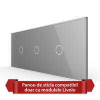 Panou Intrerupator Simplu + Simplu + Simplu cu Touch LIVOLO din Sticla, Standard Italian - 6/7M, gri
