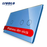 Panou intrerupator simplu+dublu cu touch Livolo din sticla, albastru