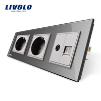 Priza tripla Livolo cu rama din sticla 2 prize simple+TV/internet, gri