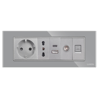 Priza Schuko + Ingusta + Dubla USB + TV + Internet cu Rama Din Sticla LUXION, Standard Italian, 6M, gri
