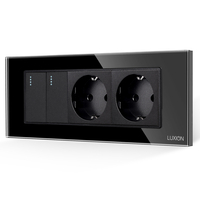 Intrerupator Dublu + 2 Prize cu Rama din Sticla LUXION, Standard Italian, 6M, negru