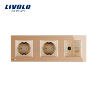 Priza tripla Livolo cu rama din sticla 2 prize simple+TV/internet, auriu