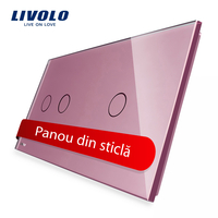 Panou intrerupator dublu + simplu cu touch Livolo din sticla, roz