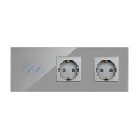 Intrerupator Triplu + 2 Prize cu Rama din Sticla LUXION, gri