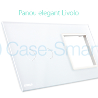 Panou intrerupator dublu cu touch + priza simpla Livolo din sticla, alb