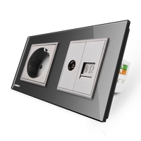 Priza dubla Livolo cu rama din sticla 1 priza Schuko+TV/internet, gri