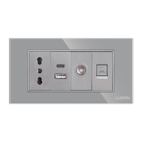 Priza Ingusta + Dubla USB + TV + Internet cu Rama Din Sticla LUXION, Standard Italian, 4M, gri