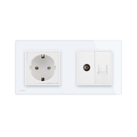 Priza dubla Livolo cu rama din sticla 1 priza Schuko+TV/internet, alb