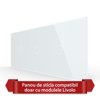 Panou Intrerupator Simplu + Simplu + Simplu cu Touch LIVOLO din Sticla, Standard Italian - 6/7M, alb