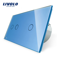 Intrerupator dublu + simplu cu touch Livolo din sticla, albastru