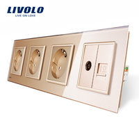 Priza cvadrupla Livolo cu rama din sticla 3 prize simple+TV/internet, auriu