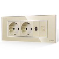 Priza Dubla Schuko + TV + Internet cu Rama din Sticla LUXION, Standard Italian, 6M, auriu
