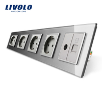 Priza cvintupla + priza TV Internet Livolo cu rama din sticla, gri