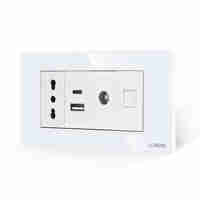 Priza Ingusta + Dubla USB + TV + Internet cu Rama Din Sticla LUXION, Standard Italian, 4M, alb