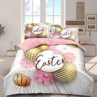 Lenjerie de pat 6 piese Finet cu motive pascale- Model Easter, 2 persoane, cearceaf mare + 4 feţe perna ROZ.