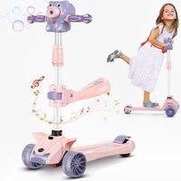 Trotinetă Copii 3 Roți cu Muzică, Baloane de Săpun și Roți Luminoase, Reglabilă și Pliabilă cu Șezut Model Roz si Model Albastru