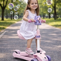Trotinetă Copii 3 Roți cu Muzică, Baloane de Săpun și Roți Luminoase, Reglabilă și Pliabilă cu Șezut Model Roz si Model Albastru