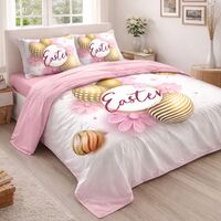 Lenjerie de pat 6 piese Finet cu motive pascale- Model Easter, 2 persoane, cearceaf mare + 4 feţe perna ROZ.