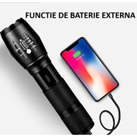 Lanterna Power Bank LED, Vafy, Incarcare USB, Raza 300m, 5W, Model T9 Telescopic 14.7 -15.7 cm, Functie Zoom si Incarcare Telefon, Negru