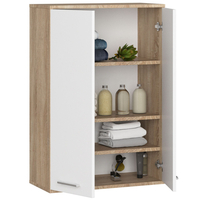 Dulap baie suspendat, cu 2 usi si 4 rafturi interioare, PAL 16 mm, 64x30x94 cm, stejar sonoma si alb