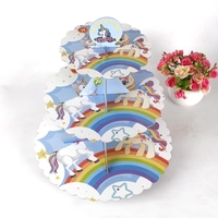 Etajera pentru Prajituri, Flippy, din Carton, 3 Nivele, 16/22/29 cm Diametru, Inaltime 38 cm, Tema Unicorni, Multicolor