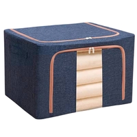 Cutie de Depozitare Pliabila, Flippy, 24 L, din Bumbac si In, 40x30x20 cm, Fereastra Frontala, 2 Usi de Acces cu Fermoar Bidirectional, Cadru Metalic, Suport Baza Stabil din Plastic, Albastru Marin