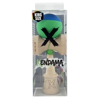 Kendama X Originala, Profesionala, Flippy, Rubber Grip, Cupe Mari KING SIZE V3, Gaura in Baza, Rulment Metalic, din lemn 18 cm, Ata 62/65 cm, Bicolor Albastru/Verde
