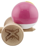 Kendama X Originala, Profesionala, Flippy, Super Sticky cu Cupe Mari KING SIZE V3, Gaura in Baza, Rulment Metalic, din lemn 18 cm, Ata 62/65 cm, Bicolor Roz inchis/Alb