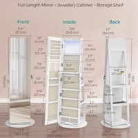 SONGMICS Oglinda de podea cu suport rotativ la 360°, cu spatiu de depozitare, material MDF, 55x55x162 cm, alb
