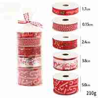Panglica Decorativa cu Tematica de Craciun, Flippy, Set din 4 bucat + 1 Rulon Ata Rosie Alba, Panglica pentru Cadou de Craciun Brad si Decor, 2 M per bucata, Model Acadele, Rosu