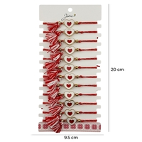 Martisor Bratara cu Ciucure pentru Dama, Jolie, Model Inimi, Set 12 bucati, Pandativ din Inox, Snur Reglabil, Rosu/Alb