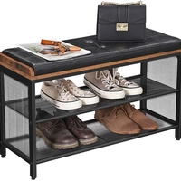VASAGLE Banca pentru hol, cu raft suport de pantofi, sezut captusit imitatie piele, design industrial, 30x80x48cm, negru cu maro