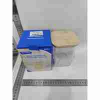 Cutie de Depozitare Alimente, Flippy, Cutie de tip Container, Cutie pentru Cereale, din Plastic, Capac din Bambuc, 10 x 10 x 14 cm, Volum 0.8 L, Transparent