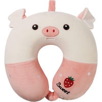Perna de Calatorie in Forma de U, Vafy, Pentru Gat si Cap, Umplutura din Spuma cu Memorie, 30x30 cm, Model Purcelus, Accesoriu de Voiaj, Birou, Masina, Sistem Prindere Capse, Alb-Roz