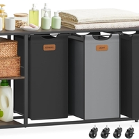 VASAGLE Cos de rufe cu rafturi si roti, 3 compartimente cu saci de rufe detasabili, 3x50 litri, 117x33x81 cm, maro si negru