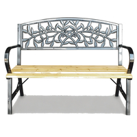 Banca de gradina din lemn si otel cu spatar decorativ model frunze, 120x56x87 cm, negru si maro natur