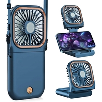 Ventilator Portabil Vafy, 3 in 1, de Mana, de Gat, de Birou, 16.7 x 8 x 1.9 cm, 3 Trepte de Viteza, Incarcare USB, Pliabil, Afisaj Digital, Suport Telefon, Albastru