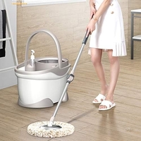Set Galeata si Mop Rotativ 360°, Flippy, Cu Dubla Actiune Centrifuga, Pentru Uz Casnic, Maner din Otel Inoxidabil Telescopic, 2 Capte din Bumbac, 46x27x29 cm, Alb