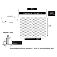 Instalatie Craciun, Tip Plasa, 15 m x 1.5 m, 1200 LED-uri, Alb cald, 8 jocuri de lumini, Transformator cu telecomanda, Interconectabila, Prelungitor 3 m inclus, Fir transparent, Vafy