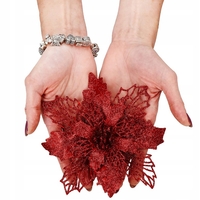 Set 10 ornamente pentru bradul de Craciun, stea Poinsettia, 16cm, visiniu