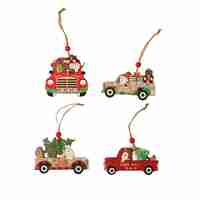 Decoratiune de Craciun din Lemn, Flippy, cu Snur pentru Agatare in Brad, Model Masina lui Mos Craciun, Scris Happy New Year, 8x8x0.4 cm, Multicolor