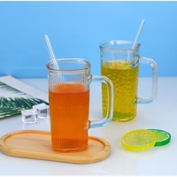 Pahar pentru Racoritoare, Vafy, din Sticla, 330 ml, cu Pai si Maner, Model Clear Dungi Verticale, Transparent