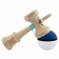 Kendama X Originala, Profesionala, Flippy, Cupe Mari KING SIZE V3, Rubber Grip, Gaura in Baza, Rulment Metalic, din lemn 18 cm, Ata 62/65 cm, S Bicolor Albastru inchis/Alb