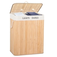 Cos de rufe cu capac si 2 compartimente, sac textil detasabil, 105 litri, 52x33x63 cm, bambus natural