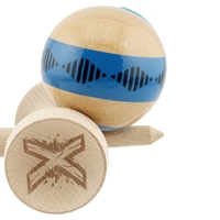 Kendama X Originala FREQUENCY, Profesionala, Flippy, Cupe Mari KING SIZE V3, Super Sticky, Gaura in Baza, Rulment Metalic, din lemn 18 cm, Ata 62/65 cm, Albastru/Maro