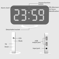Ceas digital cu LED, Flippy, multifunctional, afisaj digital, alarma, 2 porturi USB de iesire, ecran tip oglinda, modern, 15.8 cm, alb
