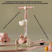 Trotineta Multifunctionala 3 in 1, Flippy, pentru Copii, 1-7 Ani, cu Lumini si Muzica, Reglabil 360, Pliere Usoara, Reglarea Inaltimii, Model Dinozaur, Alb/Roz