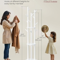 VASAGLE Cuier din lemn masiv, cu 11 agatatori si 3 rafturi, 4 roti detasabile rotative 360°, 40x40x175 cm, alb